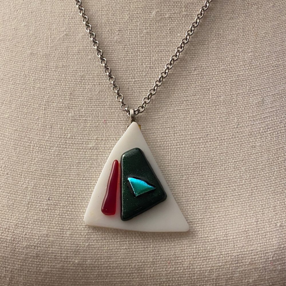 Handmade Triangular Glass Pendant Necklace with Red, Green, and Teal Accents